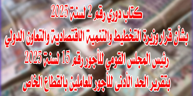 كتاب دوري رقم 2 لسنة 2025 بشأن قرار وزيرة التخطيط والتنمية الاقتصادية والتعاون الدولي رئيس المجلس القومي للأجور رقم 15 لسنة 2025 بتقرير الحد الأدنى للأجور للعاملين بالقطاع الخاص